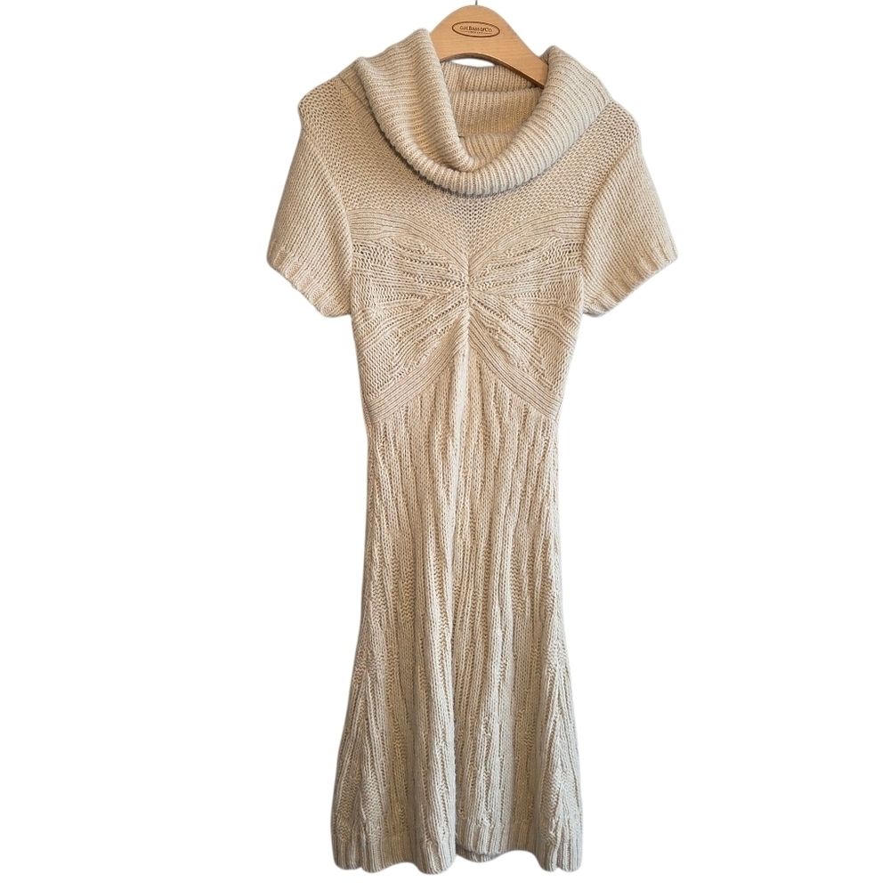 BCBGMaxAzria Wool Blend Cowl Neck Cream Midi Sweater Dress M Office Minimalist